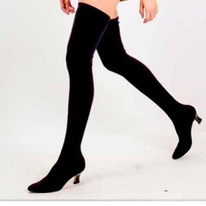 Anne Klein Couture Vintage Black Lycra thigh Hi Stocking Kitten heel boots 71/2